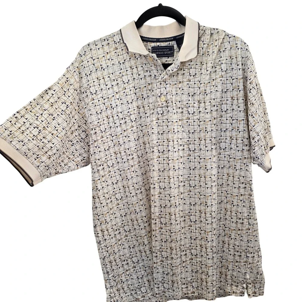 Steve‎ Stricker Fairway Sport Polo Shirt Mens Large Cream Golf Flag Print Cotton